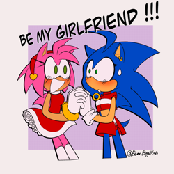 Size: 2048x2048 | Tagged: safe, artist:beanbagstab, amy rose, sonic the hedgehog, abstract background, amy x sonic, crop jacket, dialogue, duo, ear piercing, earring, english text, half r63 shipping, holding hands, lesbian, looking at each other, shipping, skirt, smile, speech bubble, standing, sweatdrop, trans female, transgender