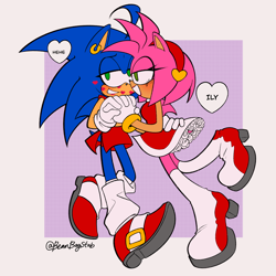 Size: 2048x2048 | Tagged: safe, artist:beanbagstab, amy rose, sonic the hedgehog, abstract background, amy x sonic, blushing, dialogue, duo, ear piercing, earring, half r63 shipping, heart, holding hands, kiss marks, lesbian, lidded eyes, looking away, shipping, skirt, speech bubble, trans female, transgender