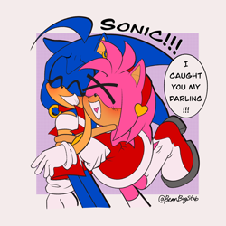 Size: 2048x2048 | Tagged: safe, artist:beanbagstab, amy rose, sonic the hedgehog, abstract background, amy x sonic, amybetes, blushing, crop jacket, crop top, cute, dialogue, duo, ear piercing, earring, english text, eyes closed, half r63 shipping, heart tongue, hugging from behind, lesbian, shipping, skirt, smile, sonabetes, speech bubble, trans female, transgender