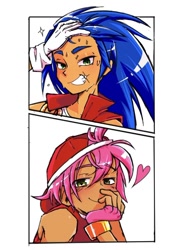 Size: 754x1037 | Tagged: safe, artist:beanbagstab, amy rose, sonic the hedgehog, human, amy x sonic, backwards cap, blushing, duo, gay, half r63 shipping, hand on own head, heart, humanized, shipping, sparkles, sweat