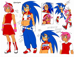 Size: 2048x1582 | Tagged: safe, artist:beanbagstab, amy rose, sonic the hedgehog, human, amy x sonic, backwards cap, character name, checkered background, clothes, duo, english text, gay, half r63 shipping, horn sign, humanized, reference sheet, shipping, smile, standing, top surgery scars, trans male, transgender