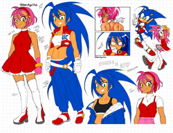 Size: 2048x1582 | Tagged: safe, artist:beanbagstab, amy rose, sonic the hedgehog, human, alternate version, amy x sonic, character name, checkered background, clothes, duo, english text, half r63 shipping, humanized, lesbian, reference sheet, shipping, smile, standing, trans female, transgender, v sign