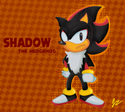 Size: 1000x900 | Tagged: safe, artist:medioremckie, shadow the hedgehog, character name, checkered background, classic shadow, english text, frown, greg martin style, hands on hips, looking at viewer, signature, solo, standing