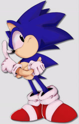 Size: 1300x2048 | Tagged: safe, artist:hedgeventurrkgk, sonic the hedgehog, classic sonic, frown, grey background, hand on arm, looking at viewer, pointing, simple background, solo, standing