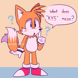 Size: 1100x1100 | Tagged: safe, artist:bunny0rgans, miles "tails" prower, :o, abstract background, blushing, classic tails, dialogue, english text, innocent, meme, pointing, question mark, solo, speech bubble