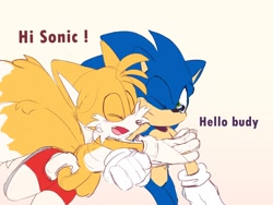 Size: 2000x1500 | Tagged: safe, artist:anouckyshim, miles "tails" prower, sonic the hedgehog, cream background, dialogue, duo, english text, hugging from behind, simple background, typo