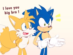 Size: 2000x1500 | Tagged: safe, artist:anouckyshim, miles "tails" prower, sonic the hedgehog, blushing, cream background, dialogue, duo, english text, hands behind back, one fang, simple background
