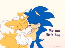 Size: 2000x1500 | Tagged: safe, artist:anouckyshim, miles "tails" prower, sonic the hedgehog, cream background, dialogue, duo, english text, eyes closed, holding them, ruffling hair, simple background, standing