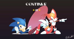Size: 1500x798 | Tagged: safe, artist:kornart3, miles "tails" prower, sonic the hedgehog, abstract background, classic sonic, classic style, classic tails, continue screen, duo, english text, redraw, signature