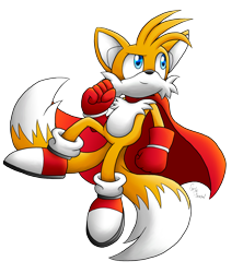 Size: 2400x2700 | Tagged: safe, artist:lali-lop, miles "tails" prower, 2013, cape, looking up, red gloves, signature, simple background, smile, solo, transparent background, turbo tails
