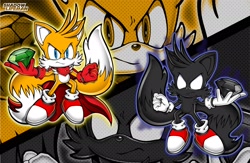 Size: 2048x1336 | Tagged: safe, artist:shadowlifeman, miles "tails" prower, 2021, abstract background, alternate version, cape, chaos emerald, dark form, dark tails, echo background, frown, holding something, looking at viewer, red gloves, turbo tails, uekawa style