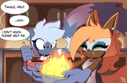 Size: 4016x2630 | Tagged: safe, artist:buddyhyped, tangle the lemur, whisper the wolf, cooking, fire, inadvisable cooking, lesbian, shipping, tangle x whisper