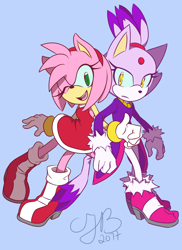 Size: 1000x1375 | Tagged: safe, artist:asb-fan, amy rose, blaze the cat, cat, hedgehog, 2017, amy x blaze, amy's halterneck dress, blaze's tailcoat, cute, female, females only, lesbian, looking at viewer, one eye closed, shipping