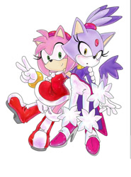 Size: 900x1214 | Tagged: safe, artist:smsskullleader, amy rose, blaze the cat, cat, hedgehog, 2012, amy x blaze, amy's halterneck dress, blaze's tailcoat, blushing, cute, female, females only, hand on shoulder, lesbian, looking at viewer, peace sign, shipping