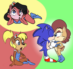 Size: 1030x980 | Tagged: safe, artist:donkeyinthemiddle, sally acorn, sonic the hedgehog, blushing, kiss, prototype design, sally's vest and boots, shipping, sonally, straight, surprised