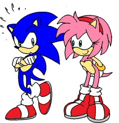Size: 534x555 | Tagged: safe, artist:chadthecartoonnut, artist:starspiritcinos, amy rose, sonic the hedgehog, hedgehog, arms behind back, arms folded, blue fur, circle chest, full body, gloves, hairband, heart chest, hedgehog ears, leaning back, leaning forward, looking at each other, natural alt, natural amy rose, pink fur, shoes, smile, socks, standing on one leg, surprised