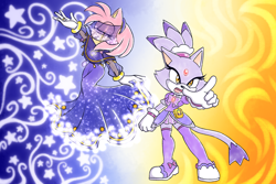 Size: 3000x2000 | Tagged: safe, artist:ashe-yusenko, amy rose, blaze the cat, cat, hedgehog, 2023, amy x blaze, cute, dress, female, females only, flame, lesbian, mouth open, shipping, star (symbol)