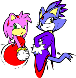 Size: 732x753 | Tagged: safe, artist:zeke-staright, amy rose, blaze the cat, cat, hedgehog, 2009, amy x blaze, amy's halterneck dress, blaze's tailcoat, cute, female, females only, lesbian, looking at viewer, looking back at viewer, shipping