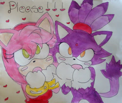 Size: 900x762 | Tagged: safe, artist:marshmallowsdreams, amy rose, blaze the cat, cat, hedgehog, 2012, amy x blaze, amy's halterneck dress, blaze's tailcoat, cute, english text, female, females only, hearts, lesbian, looking at viewer, pleading, shipping, traditional media