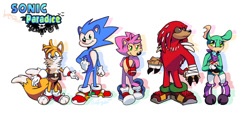 Size: 1500x694 | Tagged: safe, artist:zulema, amy rose, knuckles the echidna, miles "tails" prower, sonic the hedgehog, oc, oc:emma the mousedeer, echidna, fox, hedgehog, 2018, anthro, duo, fingerless gloves, green eyes, hairband, hand spikes, heart chest, looking at viewer, mousedeer, natural alt, natural amy rose, purse, redesign, shoes, smile, standing, ungulate