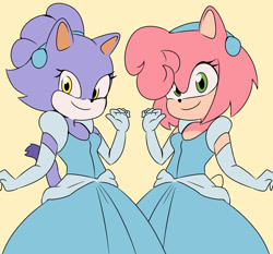Size: 1280x1195 | Tagged: safe, artist:qsky, amy rose, blaze the cat, cat, hedgehog, 2023, amy x blaze, cute, dress, female, females only, lesbian, looking at viewer, shipping