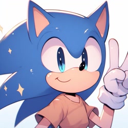 Size: 1024x1024 | Tagged: safe, ai art, sonic the hedgehog, alternate eye color, blue eyes, looking at viewer, shirt, smile, solo, star (symbol), v sign