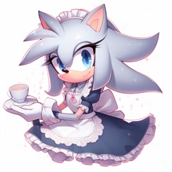 Size: 1024x1024 | Tagged: safe, ai art, oc, hedgehog, female, holding something, looking at viewer, maid outfit, oc only, plate, simple background, smile, solo, standing, teacup, unknown oc, white background
