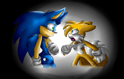 Size: 300x192 | Tagged: artist needed, source needed, safe, miles "tails" prower, sonic the hedgehog, angry, arguement, clenched teeth, duo, fight, frown, looking at each other, mouth open