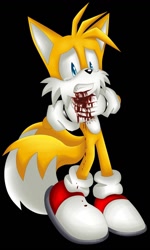 Size: 692x1154 | Tagged: semi-grimdark, artist:vagabondwolves, miles "tails" prower, black background, bleeding, bleeding from mouth, blood, clenched teeth, crying, holding throat, imminent death, simple background, standing, tears, tears of pain