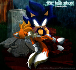 Size: 1024x945 | Tagged: semi-grimdark, artist:silveralchemist09, miles "tails" prower, sonic the hedgehog, fanfic:the tails ghost, 2016, abstract background, carrying them, corpse, dark form, dark sonic, duo, fanfiction art, glowing eyes, gravestone, nighttime, outdoors, rain, redraw, standing, tree
