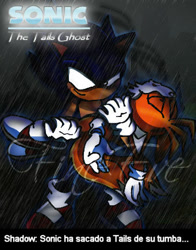 Size: 341x436 | Tagged: semi-grimdark, artist:silveralchemist09, miles "tails" prower, sonic the hedgehog, fanfic:the tails ghost, 2009, abstract background, carrying them, corpse, dark form, dark sonic, dialogue, duo, fanfiction art, glowing eyes, implied shadow, rain, smile, spanish text, watermark