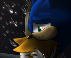Size: 1264x1021 | Tagged: safe, artist:andrillia, miles "tails" prower, sonic the hedgehog, 2022, abstract background, crying, duo, floppy ears, frown, hugging, meteor shower, sad, sonic x, tears, tears of sadness