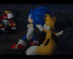 Size: 2200x1762 | Tagged: safe, artist:andrillia, e-102 gamma, miles "tails" prower, sonic the hedgehog, 2021, abstract background, looking at each other, looking at them, outdoors, protecting, rain, robot, standing, stuck, trio