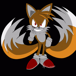 Size: 2100x2100 | Tagged: safe, artist:background-dog-1247, miles "tails" prower, 2023, alternate shoes, black background, evil, evil grin, evil tails, looking at viewer, red eyes, signature, simple background, solo, standing