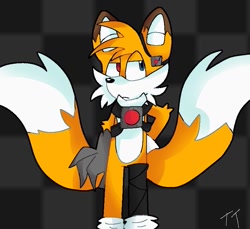 Size: 785x720 | Tagged: safe, artist:timezhourz, miles "tails" prower, 2022, arm fluff, checkered background, cyborg, evil, evil tails, frown, heterochromia, looking back, partially roboticized, signature, solo, standing