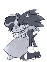 Size: 1122x1452 | Tagged: safe, artist:cybertoothcubs, sally acorn, sonic the hedgehog, greyscale, monochrome, shipping, sonally, straight