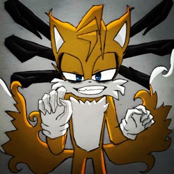 Size: 774x774 | Tagged: safe, artist:chii-miley-blog, miles "tails" prower, oc, oc:villain miles, comic:where was my hero?, evil, evil grin, lidded eyes, looking at viewer, smile, solo, standing
