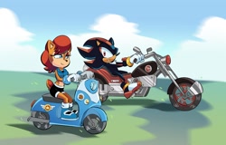 Size: 2890x1851 | Tagged: safe, artist:schauvel, sally acorn, shadow the hedgehog, daytime, looking at each other, motorcycle, sally's ringblader outfit, scooter