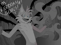 Size: 1024x759 | Tagged: safe, artist:mercybhk, miles "tails" prower, oc, oc:villain miles, comic:where was my hero?, abstract background, dialogue, english text, grey sclera, looking offscreen, mouth open, older, smile, solo, standing