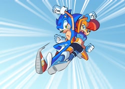 Size: 3299x2330 | Tagged: safe, artist:schauvel, sally acorn, sonic the hedgehog, featured image, from below, kicking, sally's ringblader outfit
