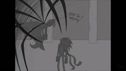 Size: 1024x575 | Tagged: safe, artist:mercybhk, miles "tails" prower, sonic the hedgehog, oc, oc:villain miles, comic:where was my hero?, abstract background, bad quality, dialogue, duo, english text, greyscale, looking at each other, older, scarf, standing