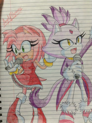 Size: 1024x1371 | Tagged: safe, artist:angelofhapiness, amy rose, blaze the cat, cat, hedgehog, 2014, amy x blaze, amy's halterneck dress, blaze's tailcoat, cute, female, females only, karaoke, lesbian, microphone, shipping, singing, traditional media