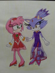 Size: 1224x1632 | Tagged: safe, artist:superfoxyhedgehog, amy rose, blaze the cat, cat, hedgehog, 2020, amy x blaze, cute, dress, female, females only, holding hands, lesbian, looking at each other, shipping, traditional media