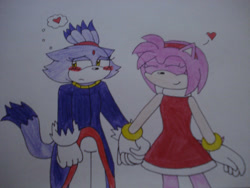 Size: 1024x768 | Tagged: safe, artist:layzap, amy rose, blaze the cat, cat, hedgehog, 2016, amy x blaze, amy's halterneck dress, blaze's tailcoat, blushing, cute, eyes closed, female, females only, hearts, holding hands, lesbian, shipping, traditional media