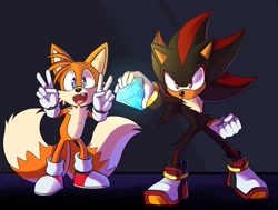 Size: 2048x1552 | Tagged: safe, artist:jay, miles "tails" prower, shadow the hedgehog, abstract background, chaos emerald, double v sign, duo, holding something, looking at viewer, mouth open, one fang, redraw, shadow the hedgehog (video game), smile, standing, victory pose