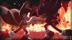 Size: 1280x720 | Tagged: safe, artist:darkrise3124, miles "tails" prower, sonic the hedgehog, oc, oc:sonic.exe, 2021, 3d, abstract background, black sclera, dark form, dark tails, duo, fight, fire, looking at each other