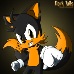 Size: 800x796 | Tagged: safe, artist:darkenedfantasies, miles "tails" prower, 2008, character name, chipped ear, dark form, dark tails, gradient background, looking at viewer, pointing at viewer, smile, solo