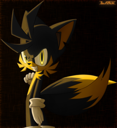 Size: 814x888 | Tagged: safe, artist:darkenedfantasies, miles "tails" prower, 2009, black background, chipped ear, dark form, dark tails, looking at viewer, simple background, smile, solo, standing
