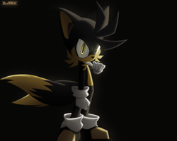 Size: 1111x888 | Tagged: safe, artist:darkenedfantasies, miles "tails" prower, 2009, black background, dark form, dark tails, glowing eyes, looking at viewer, simple background, smile, solo, standing
