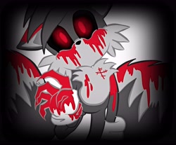 Size: 5500x4555 | Tagged: safe, artist:zapitoow, miles "tails" prower, oc, oc:tails.exe, 2013, black sclera, bleeding, bleeding from eyes, blood, blood stain, claws, glowing eyes, looking at viewer, no mouth, solo, standing